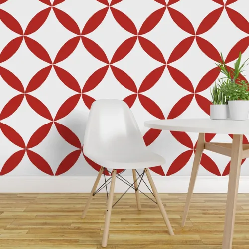 Vista 3 de Muestro de papel tapiz extraíble, círculo geométrico rojo, pétalos blancos, minimalista, floral, a gran escala, medio, cuatro pétalos, Scandi, casa