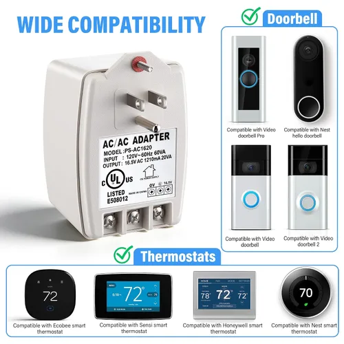 Vista 2 de 1 paquete de transformador enchufable de 16.5 V 20 VA, 20 vatios Compatible con timbres Ring Nest Ecobee, certificación UL, fusible PTC, fácil