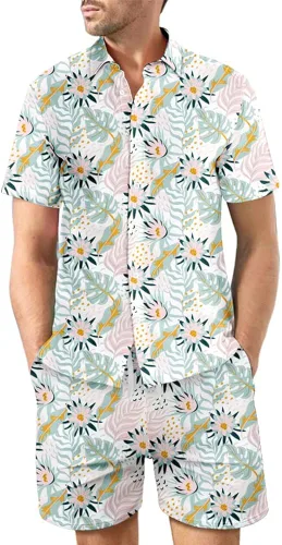 Vista 2 de DUOFIER Conjunto de camisa hawaiana para hombre, 2 piezas, estampado floral, conjunto de ropa de vacaciones para la playa