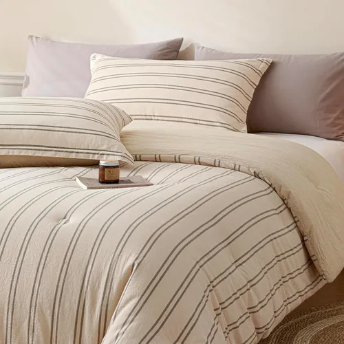 Vista 5 de Cyusri Juego de edredón de algodón a rayas tamaño individual, juego de ropa de cama suave y ligera de 2 piezas con 1 funda de almohada, reversible