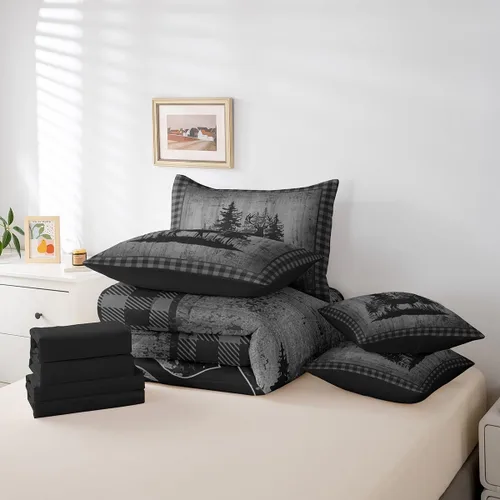 Vista 116 de Feelyou Juego de edredón de ciervo con sábanas – Tamaño Queen 7 piezas Juego de ropa de cama infantil de caza rústica – Cama de ciervo de cabaña