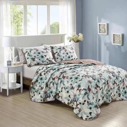 Vista 26 de ESCA - Juego de colcha de 3 piezas, tamaño Queen, con estampado de girasoles amarillos reversible, floral negro y verde