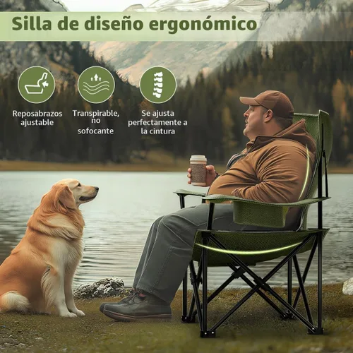 Vista 7 de Silla plegable resistente de capacidad de 500 libras, sillas de campamento de gran tamaño con soporte para tazas, bolsa enfriadora y bolsa de Verde