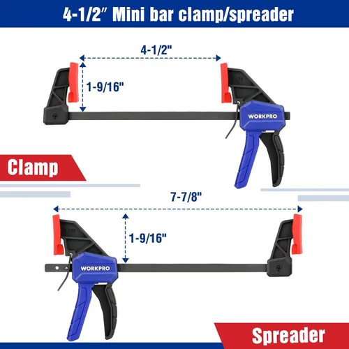 Vista 3 de WORKPRO Abrazaderas de mini barra para carpintería, 6"(2) y 4-1/2" (2), abrazadera/esparcidor con una sola mano de 4 piezas, abrazadera F de cambio