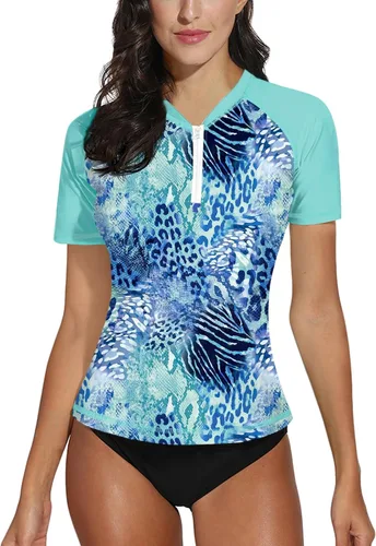 Vista 17 de BesserBay Camiseta de natación de manga corta con cremallera UPF 50+ para mujer, de secado rápido