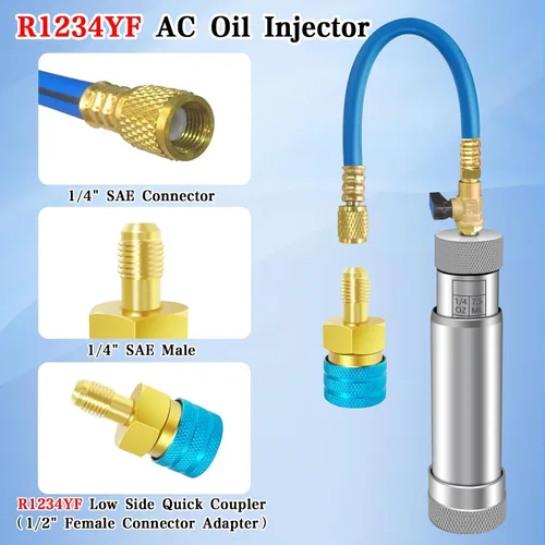 Vista 3 de Inyector de tinte de CA con válvula de cierre, inyector de aceite de CA para R1234yf R134a R410a, inyector de tinte 1234yf con función de prevención