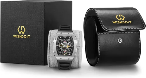 Vista 6 de WISHDOIT Relojes mecánicos automáticos Tonneau para hombre, reloj de pulsera con forma de barril de acero inoxidable plateado estilo deportivo