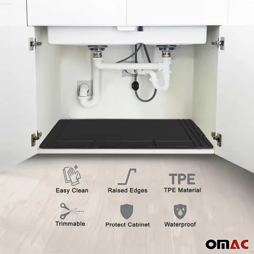 Vista 2 de OMAC 2 alfombrillas para debajo del fregadero para cocina y baño, 34 x 22 pulgadas, ajustable, impermeable, protector de gabinete para goteos 2 x