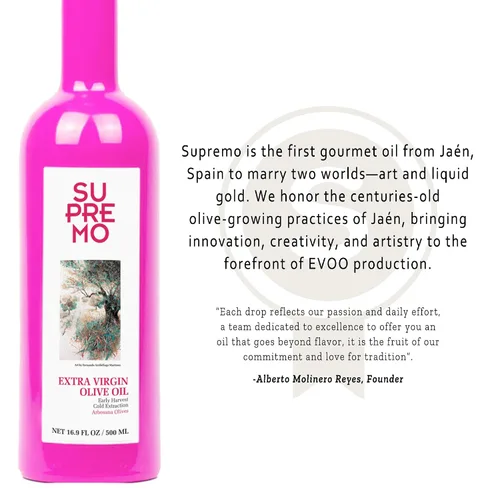Vista 6 de SUPREMO Arbosana - Aceite de oliva virgen extra – Aceite de oliva orgánico prensado en frío en botella de vidrio, 100% puro y natural, AOVE español