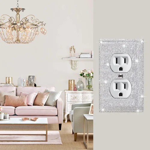 Vista 61 de Placa de pared con diamantes de imitación plateados brillantes plateados, placa de cubierta de interruptor de luz, cubierta de enchufe de grano