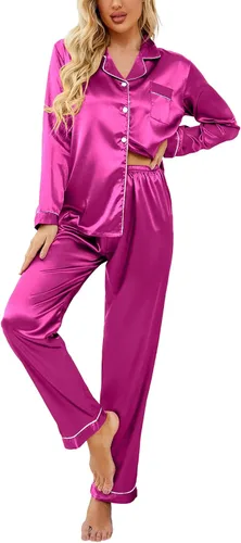 Vista 41 de Ekouaer - Conjunto de pijama de satén de seda clásico con botones para mujer, de manga larga Verde militar