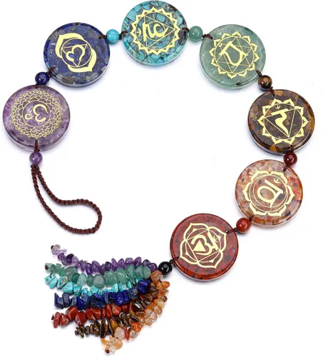 Vista 2 de Jovivi Adorno colgante de piedras de chakra, 7 símbolos de chakras, cristales curativos, borlas colgantes, colgador de pared para yoga, meditación