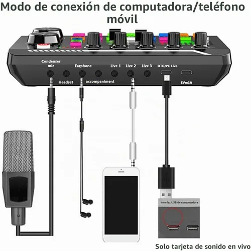 Vista 7 de Tablero de sonidos, tablero de efectos de sonido, placa mezcladora de sonido, tarjeta de sonido compatible con Bluetooth con múltiples efectos