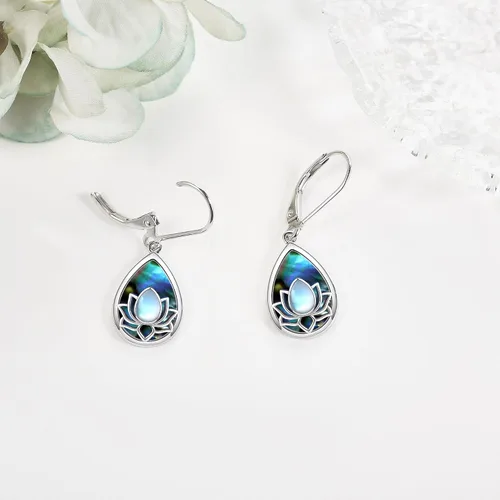 Vista 4 de Aretes de flor de loto 925 plata de ley 925 con diseño de loto azul, aretes colgantes con cierre de palanca, regalo de joyería para mujer