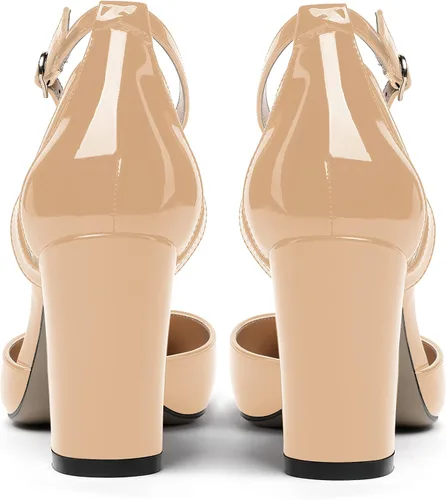 Vista 4 de MODENCOCO Zapatos de tacón alto de charol D'Orsay con correa de tobillo recortada para mujer, 3.5 pulgadas