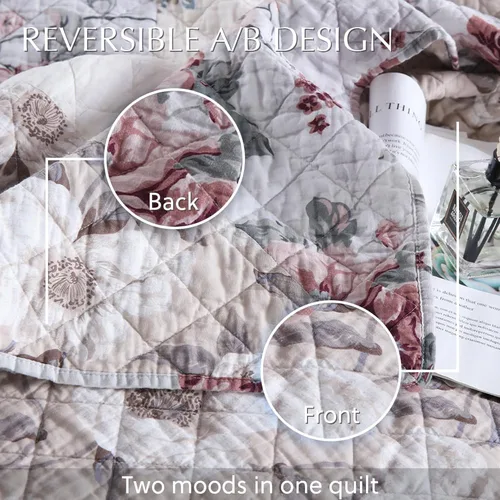 Vista 5 de Juego de ropa de cama de algodón, juego de colcha reversible de 3 piezas, edredón vintage con diseño floral de mosaico, colcha blanca, tamaño queen