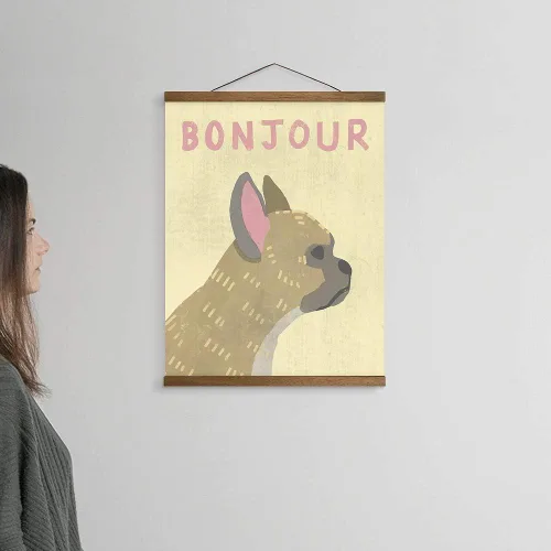 Vista 2 de Bonjour Hanging Poster Canvas Print Ready to Hang Dog Wall Decor 16"x20" Oak Trim