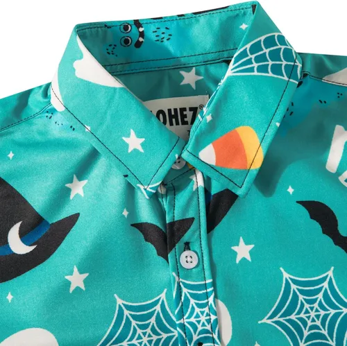Vista 3 de MOHEZ Camisas de Halloween para niños, con botones, divertidas, calabaza, fantasma, manga corta, camisa hawaiana, vestido de fiesta para niños
