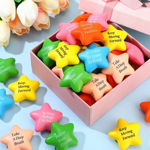 Vista 5 de Leyndo 100 bolas de estrés con forma de estrella a granel con citas motivacionales para aliviar el estrés de 2.2 pulgadas, mini bola de estrés