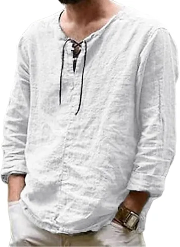Vista 6 de Camisas de algodón y lino para hombre, manga larga, cuello en V, cordón ajustable, casual, a la moda, ajuste regular, blusas clásicas para exteriores
