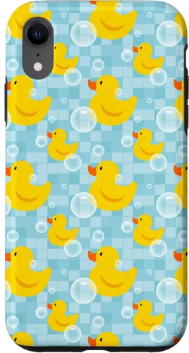Vista 24 de Funda de goma amarilla para iPhone 16 con patrón de patos y patos
