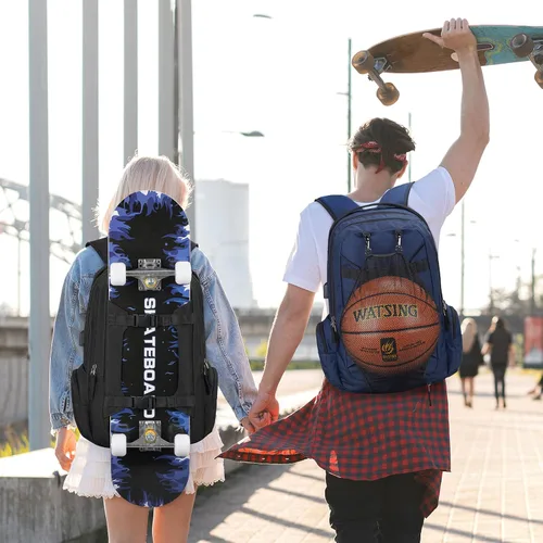 Vista 2 de Mochila para monopatín, baloncesto, béisbol, fútbol, rugby, balón de fútbol, multifunción, resistente al agua, con puerto USB, red de baloncesto, se