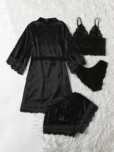 Vista 2 de WDIRARA - Conjunto de pijama de satén de seda para mujer, lencería de encaje floral, ropa de dormir con bata, 4piezas
