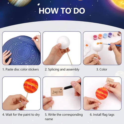 Vista 5 de Ayfjovs Kit de proyecto de sistema solar, bolas de espuma del sistema solar, manualidades para niños, proyectos escolares para aprender planetas