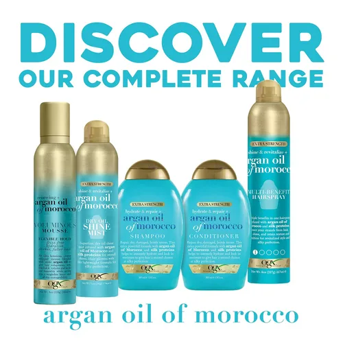 Vista 6 de OGX Champú extra fuerte hidratante y reparación + aceite de argán de Marruecos para cabello seco y dañado, aceite de argán prensado en frío