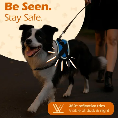 Vista 6 de Bark Appeal - Arnés para perro Aqua Blue sin tirones para mascotas de tamaño extra pequeño – Chaleco reflectante ajustable con 3 clips de correa