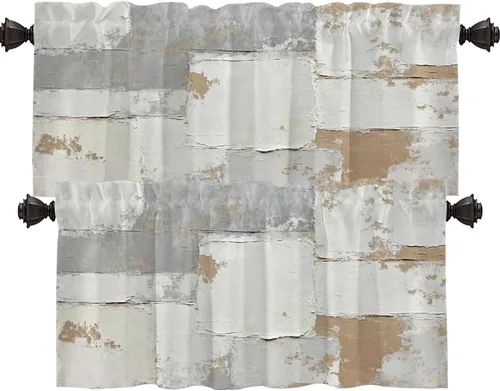 Vista 42 de Shrahala Beige and Orange Abstract Art Brushstrokes Blackout Curtain Tiers, Abstract Oil Paint Kitchen Valance Light Blocking Tier Drapes with Rod