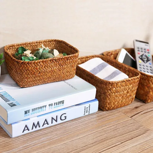 Vista 6 de Cestas de almacenamiento de pastos marinos para decoración del hogar, cesta rectangular de mimbre para almacenamiento de aperitivos, cestas tejidas