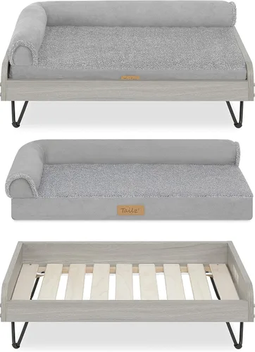 Vista 7 de Cama de madera para perros con colchón resistente al agua, cama elevada para mascotas pequeña a mediana con colchón relajante, certificado