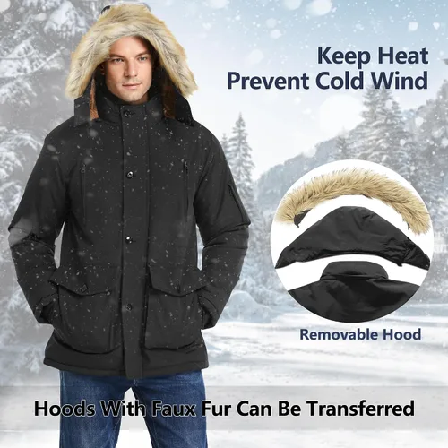 Vista 2 de Men's Winter Thicken Coat Warm Faux Fur Lined Padded Puffer Parka Jacket with Removable Hood
