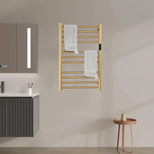 Vista 5 de Calentador eléctrico de toallas radiador con temporizador integrado dorado, 140 W montado en la pared e independiente toallero calefactable con 11
