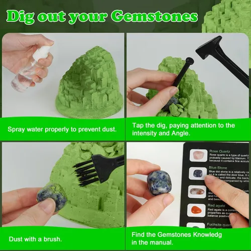Vista 6 de Kit de excavación de piedras preciosas (forma única), gran kit de ciencia STEM para niños, excava tus propias 12 piedras preciosas reales, juguetes