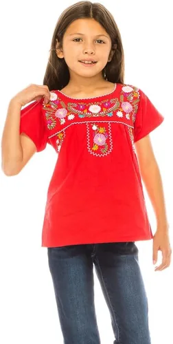 Vista 3 de Blusa bordada tradicional Puebla Mexicana para niña talla 4-14