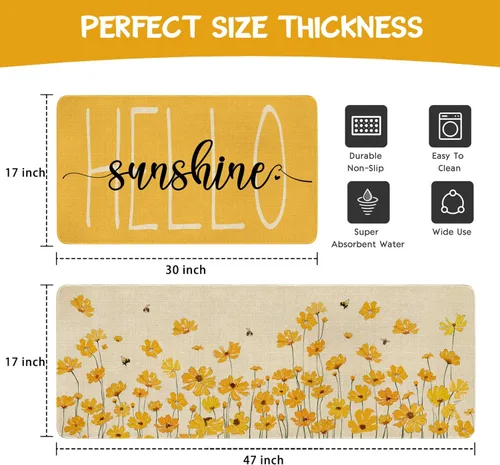 Vista 3 de Juego de 2 alfombras y tapetes de cocina de granja de primavera y verano, diseño floral de Hello Sunshine, antideslizante, lavable