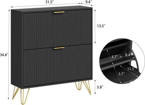 Vista 2 de Cómoda para zapatos con 2 cajones abatibles, cómodas de almacenamiento para zapatos estilizadas en negro, armario oculto para zapatos para entrada