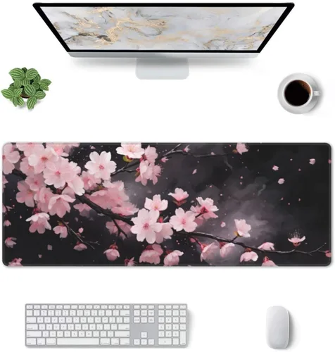 Vista 3 de Alfombrilla de mouse para juegos con diseño de flores y cerezas, base de goma antideslizante, alfombrilla de mouse extendida con bordes cosidos