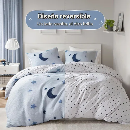 Vista 3 de Intelligent Design Kids Cosmos Juego de Edredón Tamaño Twin – Chenilla Tufted con Estrella Azul y Luna, Ropa de Cama Reversible de 2 Piezas