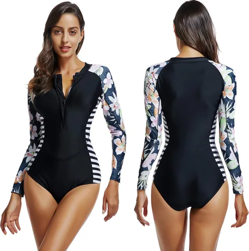 Vista 2 de LafyKoly Traje de baño de una pieza de manga larga para mujer, con protección UV, estampado de surf