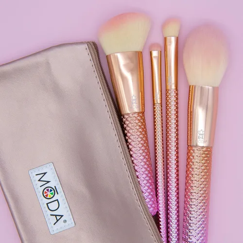 Vista 2 de MODA Juego de brochas de maquillaje de rosas metálicas, kit completo para rostro y ojos, filamentos sintéticos veganos, brochas de base, polvo