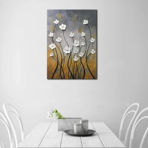 Vista 3 de Wieco Art Pinturas al óleo 100% pintadas a mano, lienzo abstracto, arte de pared, diseño moderno de flores estiradas, listo para colgar, para sala