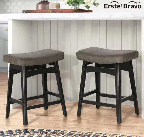 Vista 7 de Taburete de bar gris de madera maciza para encimera de cocina, taburete de bar con asiento de cuero sintético, taburete tapizado para isla de 34 a