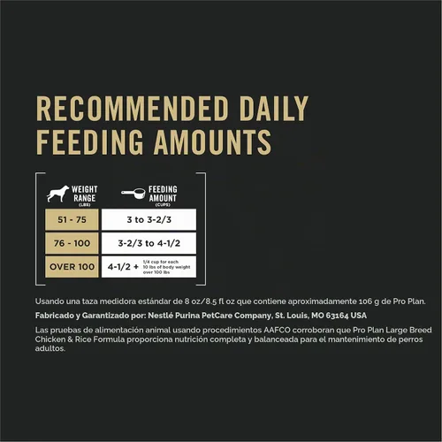 Vista 5 de Purina Pro Plan Comida seca para perros de raza grande con alto contenido de proteínas y salud digestiva, fórmula de pollo y arroz - Bolsa de 18 lbs