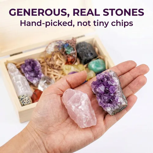 Vista 2 de AtPerry's - Juego de cristales curativos – 16 cristales de chakra reales y piedras para aliviar el estrés y la ansiedad, caja de regalo de madera +