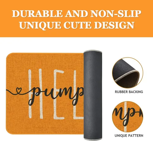 Vista 4 de Mloabuc Felpudo decorativo de otoño naranja con texto divertido de calabaza de bienvenida, tapete para interiores, decoración creativa de temporada