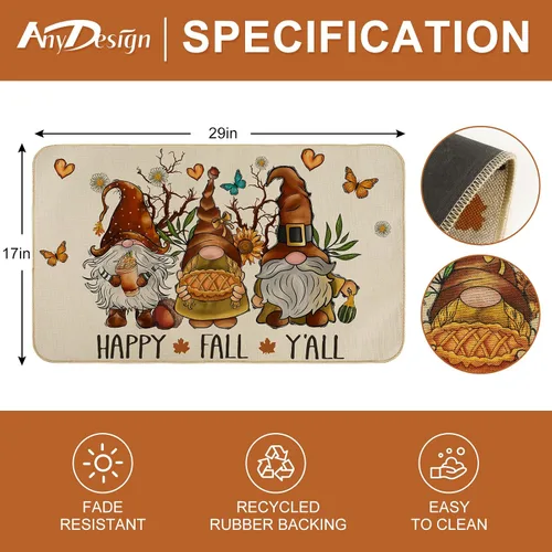 Vista 3 de AnyDesign Happy Fall Y'all - Felpudo de otoño, gnomo, girasol, mariposa, tapete de entrada con goma antideslizante para cosecha de otoño, alfombra
