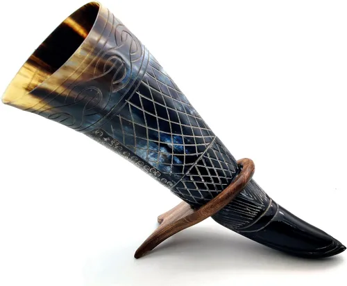 Vista 8 de Taza de cuerno vikingo, jarra hecha a mano de estilo nórdico con soporte, auténtica taza medieval de Ale, ideal para festivales renacentistas